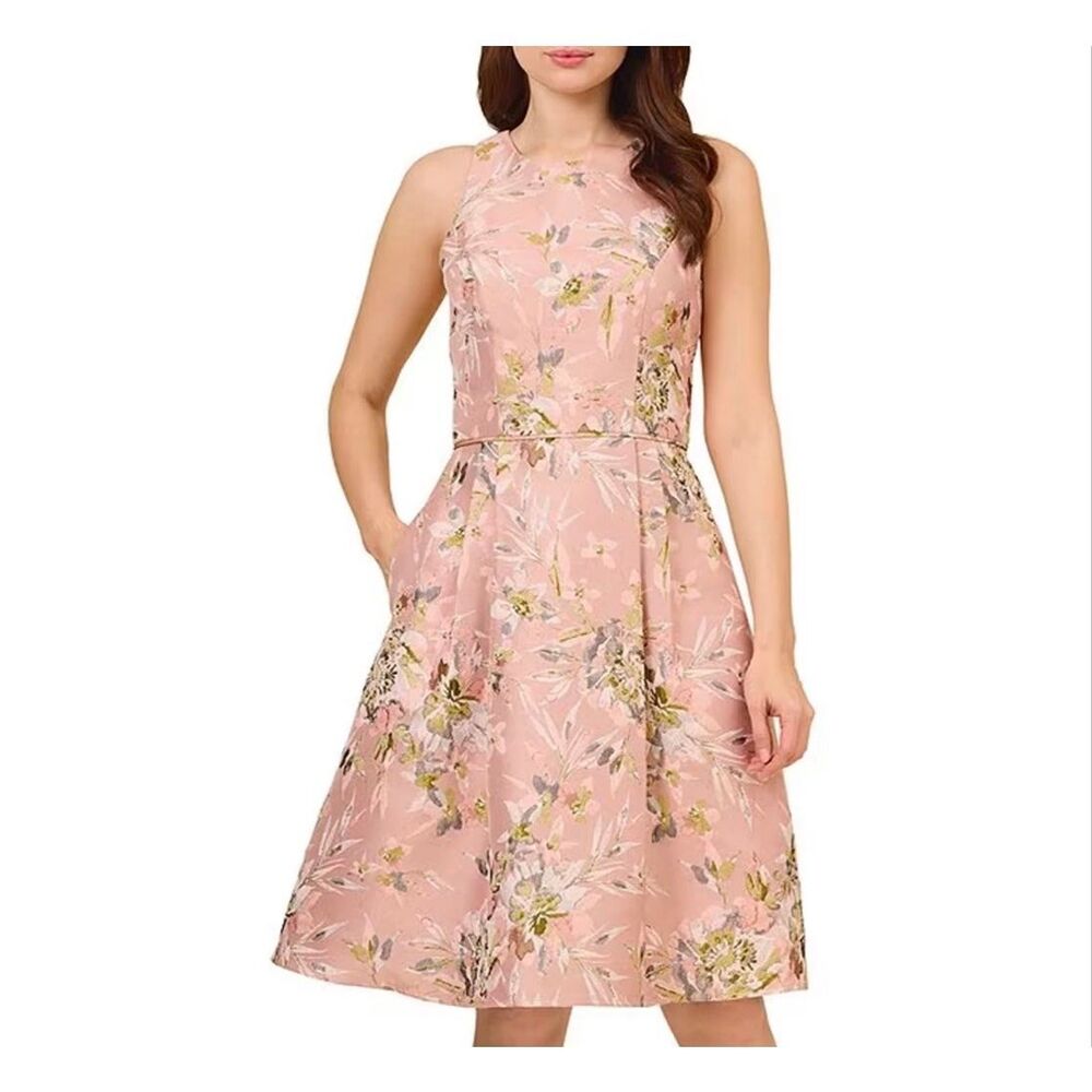 NWT Adrianna Papell Dress 6 Pink Lined Floral Jacquard Fit Flare Formal Pockets